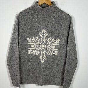Gray Cowl Neck Lambswool Sweater Snowflake Design XL Warm Winter Skiing Outdoor